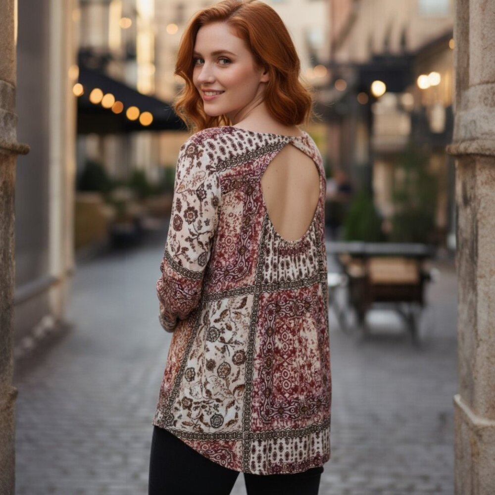 GYPSIES & MOONDUST Patchwork Paisley Blouse XL Cutout Boho Shirt Festival Top